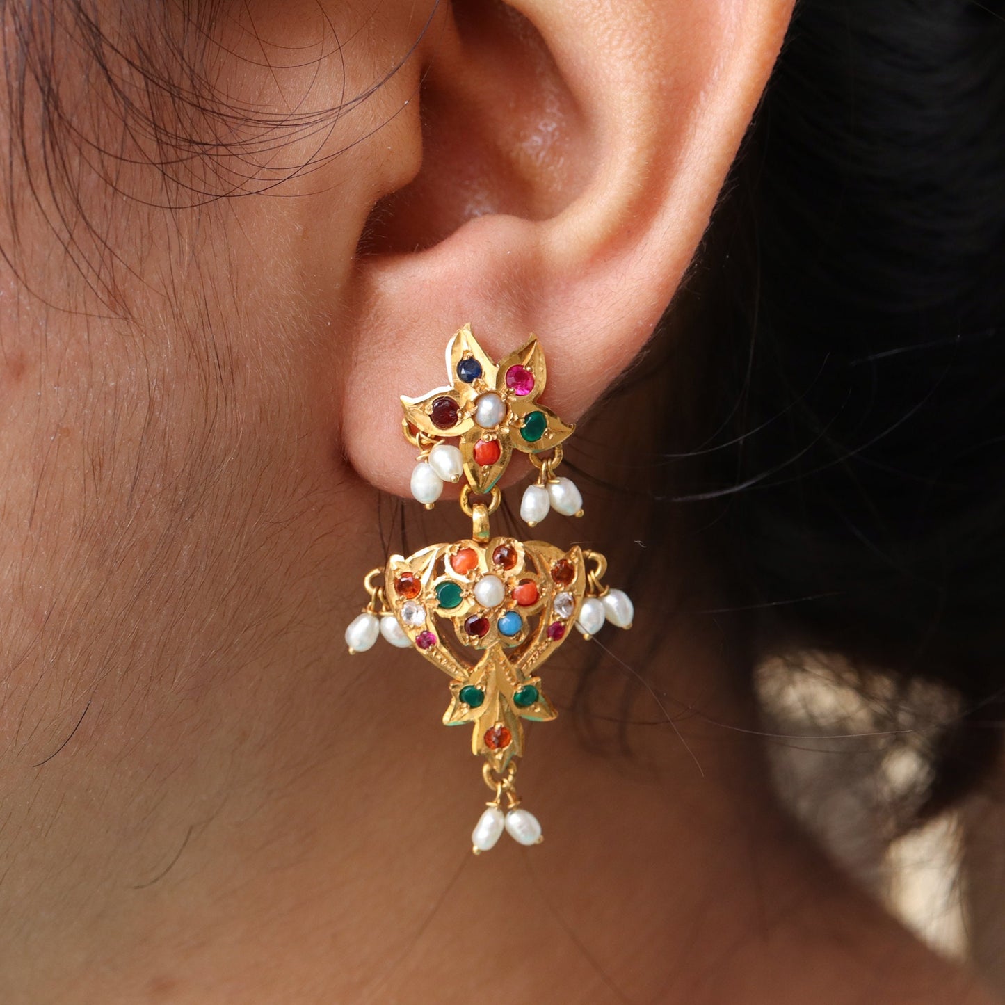 Navratan Antique Yellow Earring 22K Gold