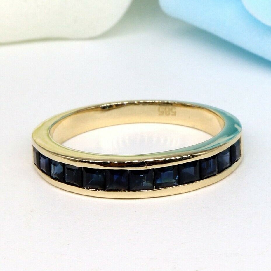 Yellow Blue Sapphire Eternity Band Ring 14K Gold
