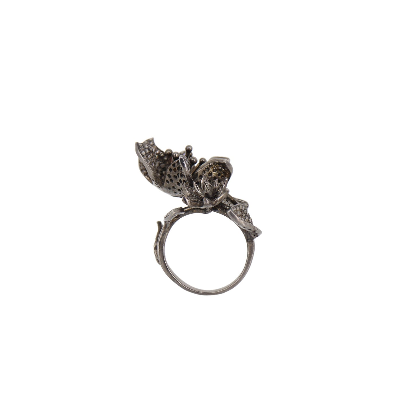 Leaf Design Big Statement Pave Ring Silver
