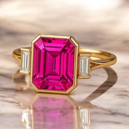 Emerald Cut Pink Sapphire Ring 14K Gold