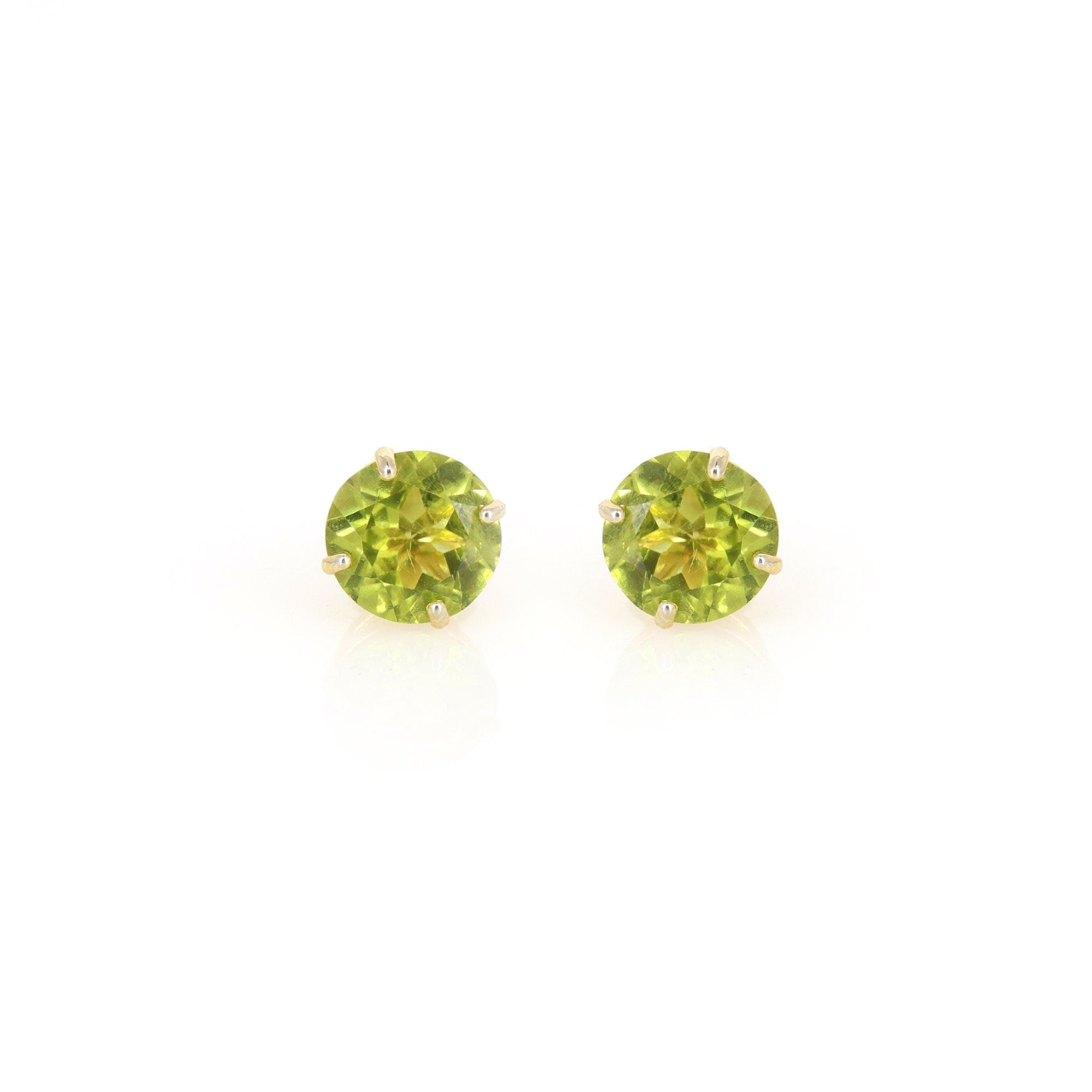 8Mm Tiny Round Cut Green Peridot Gemstone Studs Yellow Peridot Earring 14K Gold