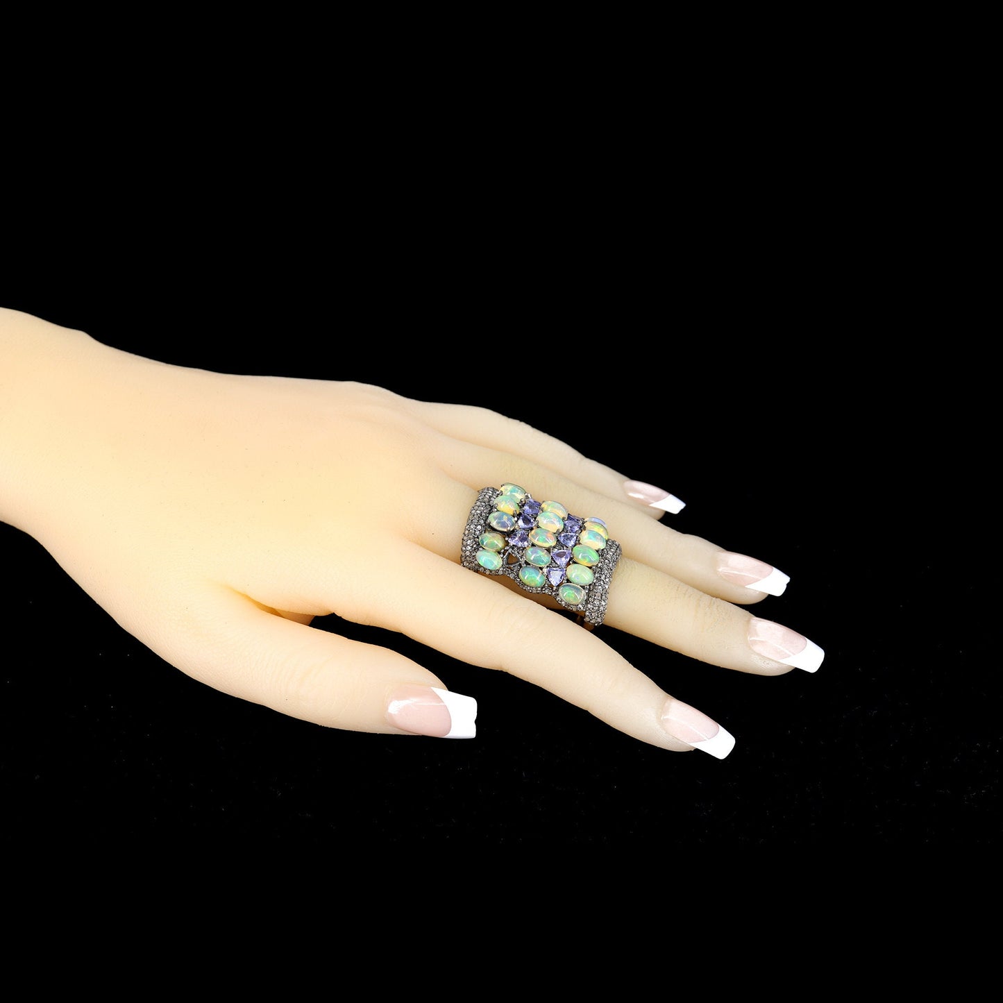 Pave Opal Tanzanite Gemstone Ring Silver