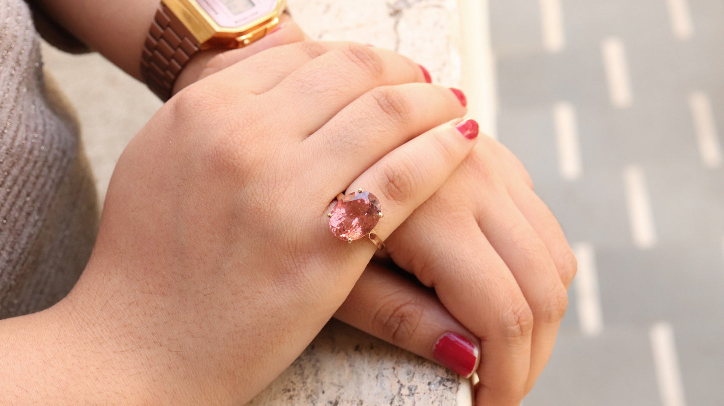 Pink Tourmaline Classic Cocktail Ring 14K Gold