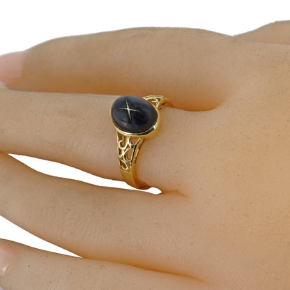 Exquisite Vintage New Yellow Filigree Black Star Ring 14K Gold
