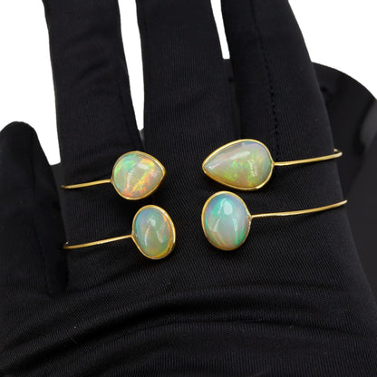 Oval Pear Shape Open Cuff Bangle Flexible Bangle Yellow Bangle Opal Finest Jewelry Anniversary 14K Gold