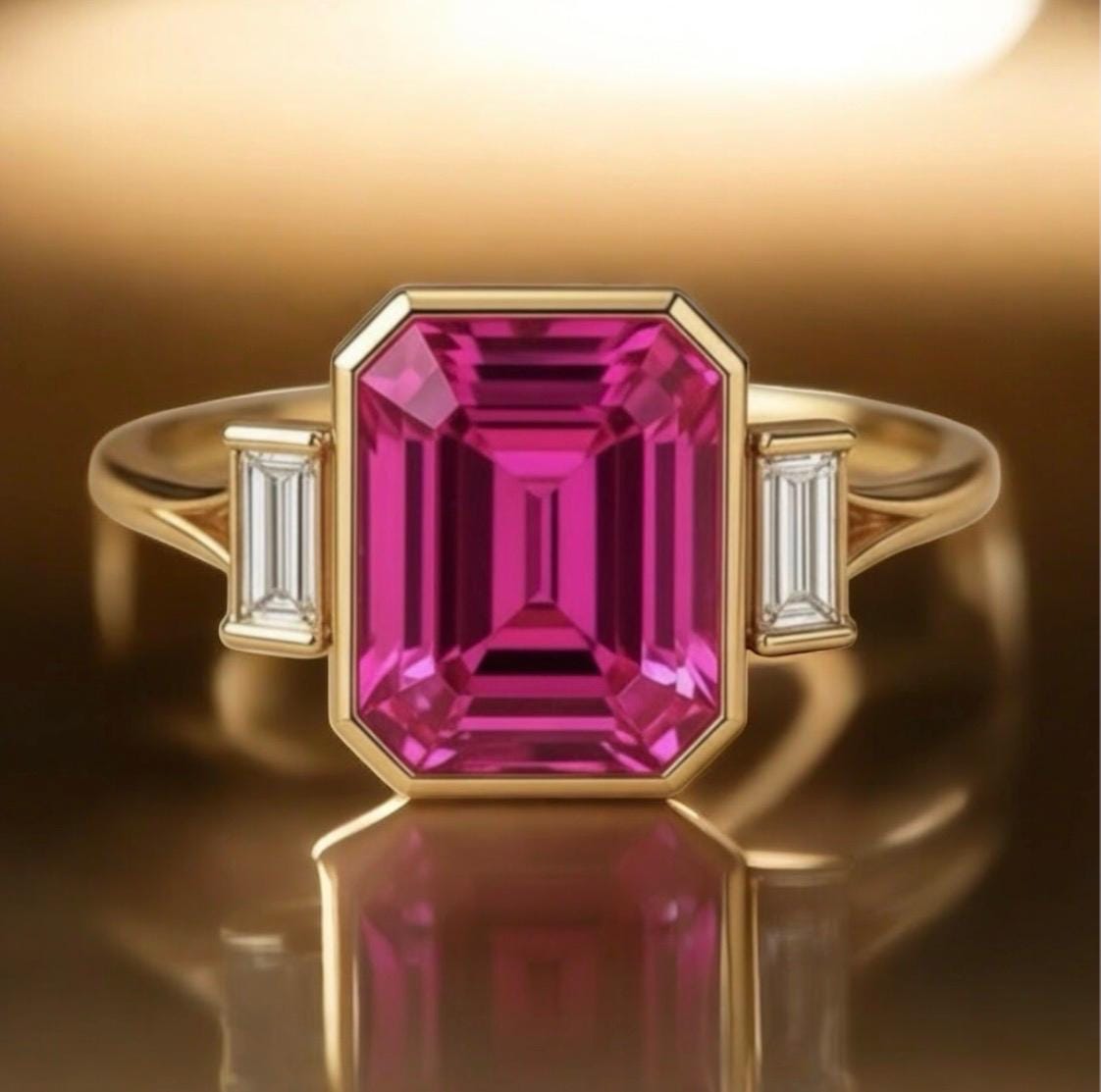 Emerald Cut Pink Sapphire Ring 14K Gold