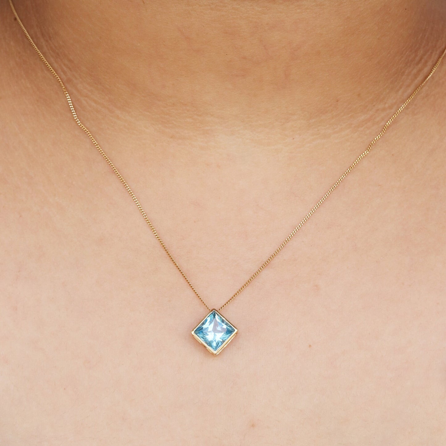 Square Shape Blue Topaz Pendant 14K Gold