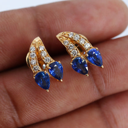 Yellow Studded Pear Cut Blue Sapphire Studs Top Quality Round Earring 14K Gold
