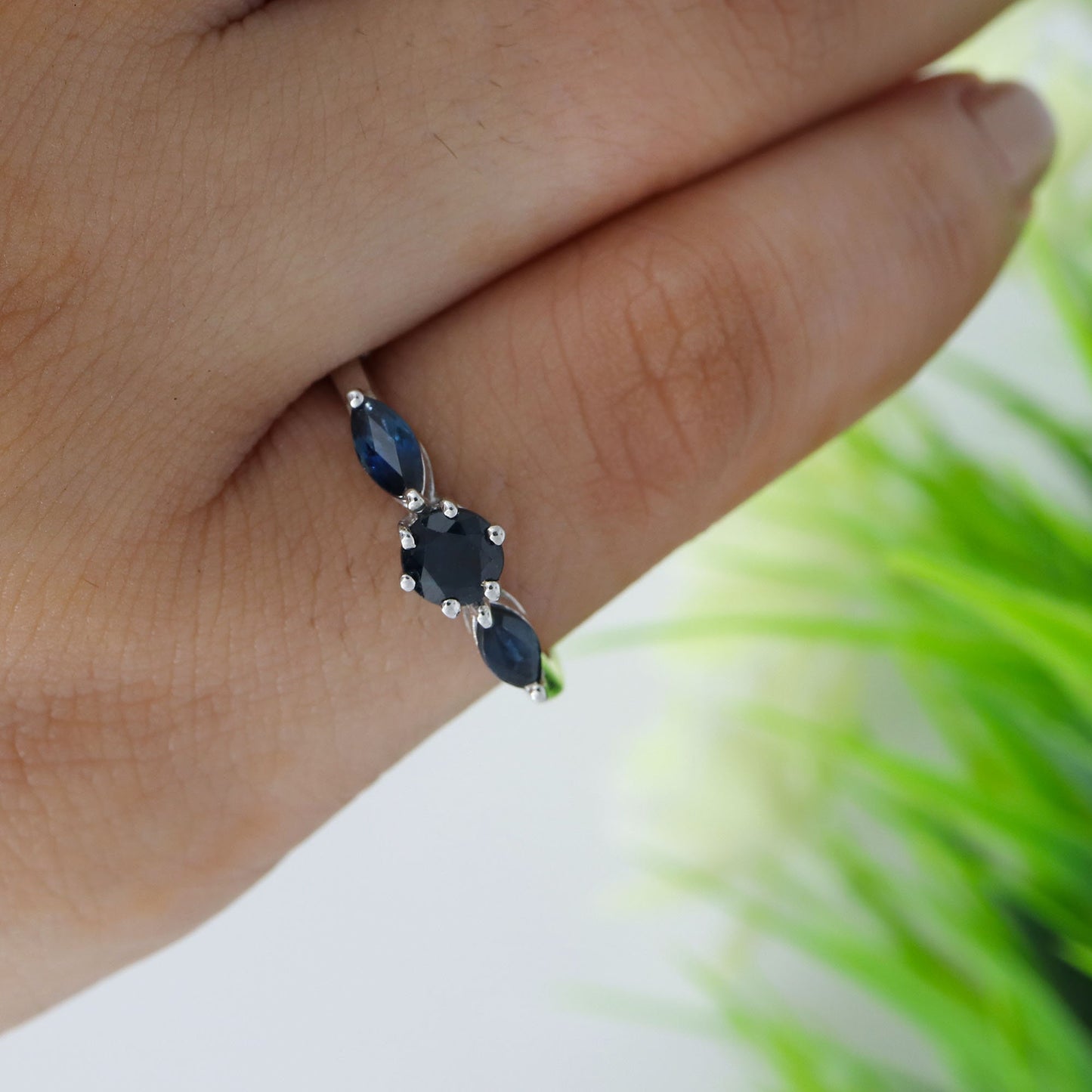 Round & Marquise Cut Gemstone Genuine Blue Sapphire Ring Silver