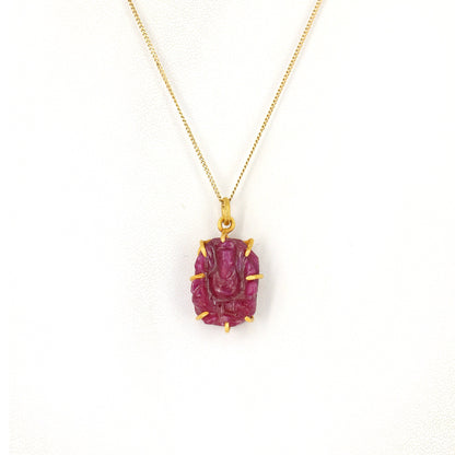 Ganesha Ruby Hand Carvings Gemstone Pendant 14K Gold