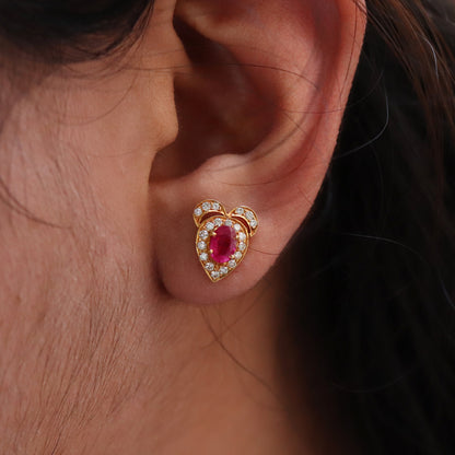 Heart Shape Studs/ Ruby Oval 1.20 Stud Earring 18K Gold