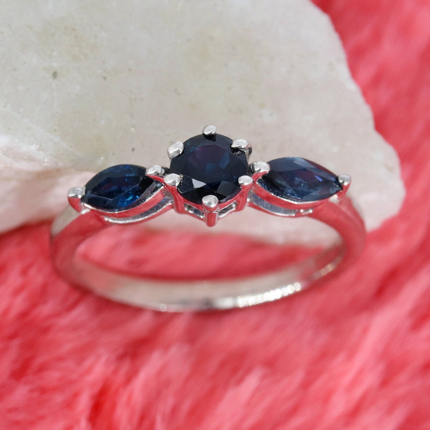 Round & Marquise Cut Gemstone Genuine Blue Sapphire Ring Silver