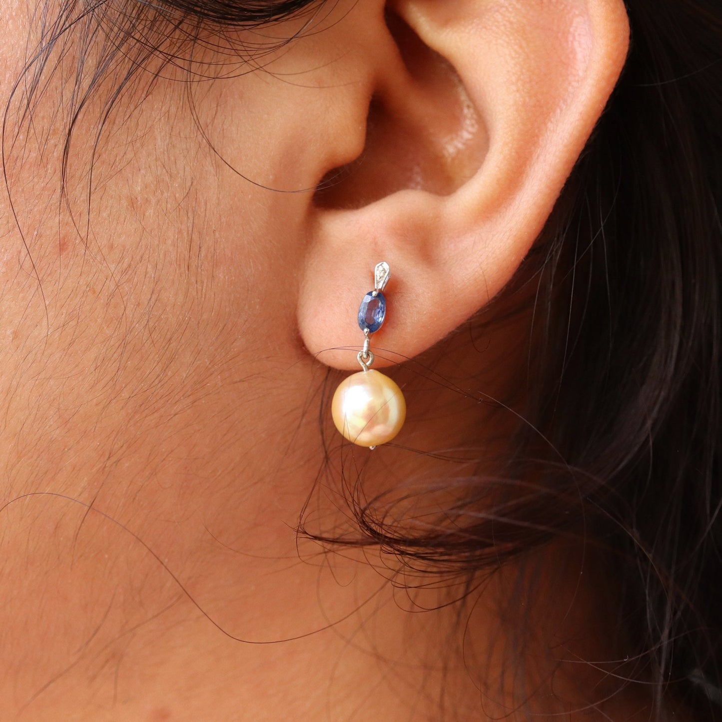 White Studded Blue Sapphire Earring 14K Gold