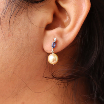 White Studded Blue Sapphire Earring 14K Gold