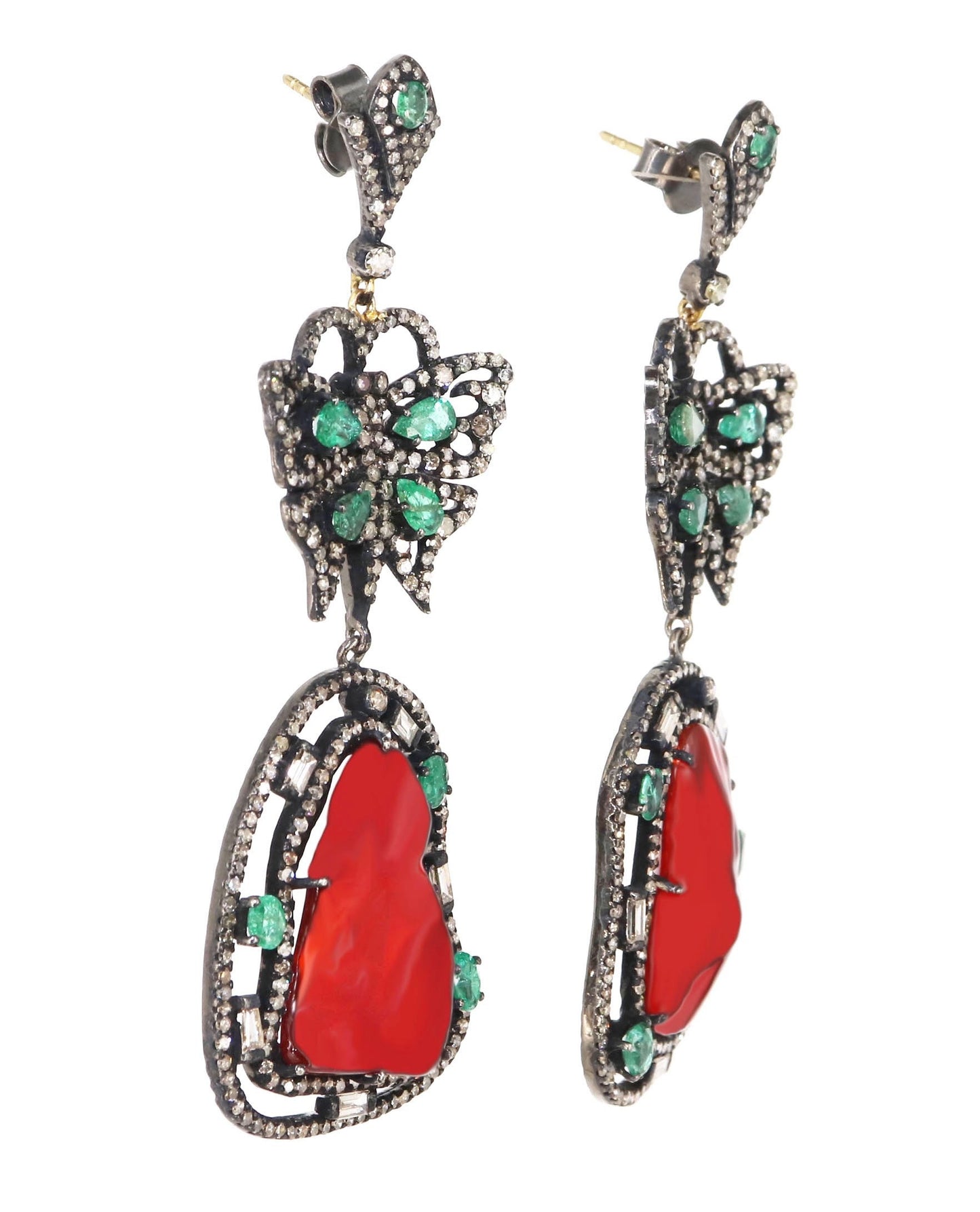 Genuine Fire Opal Emerald Pave Long Dangle Earring