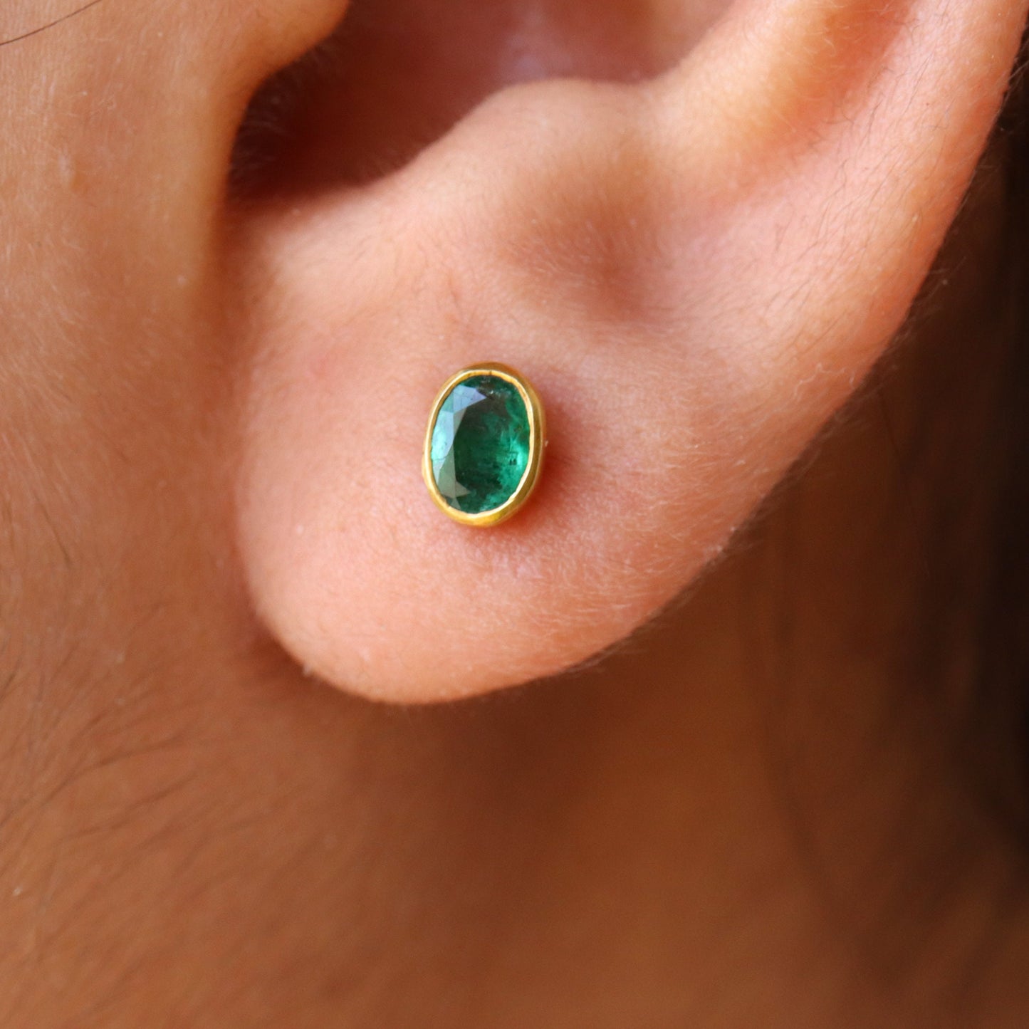 Yellow Studs Green Emerald Earring 14K Gold