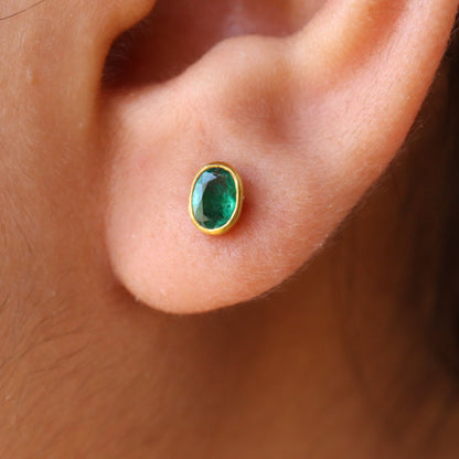Yellow Studs Green Emerald Earring 14K Gold