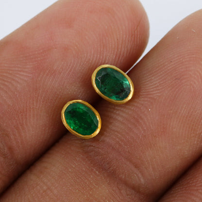 Yellow Studs Green Emerald Earring 14K Gold