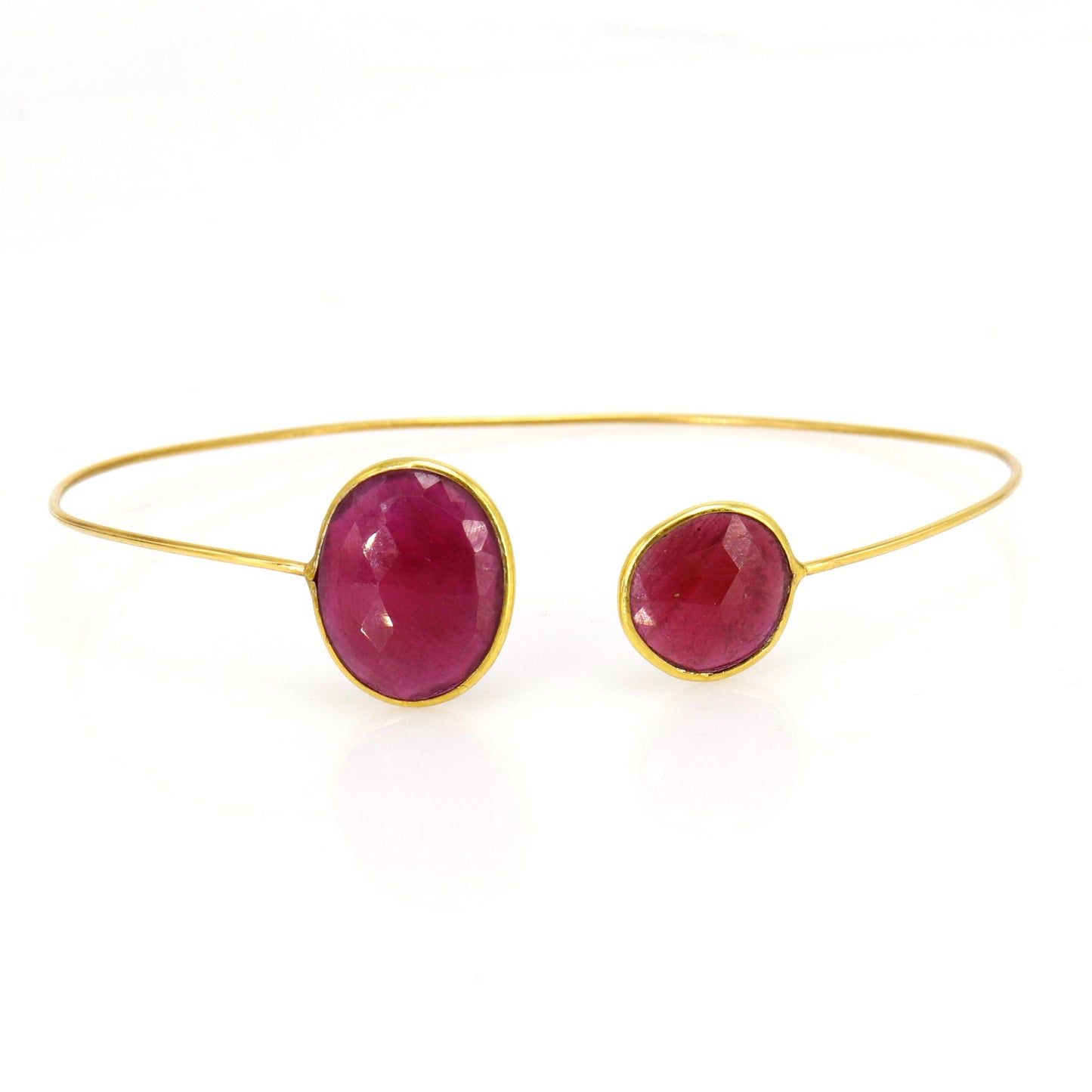 Open Cuff Flexible Bangle Deep Red Ruby Star Ruby Setted Yellow /Proposal /Trendy Des 14K Gold
