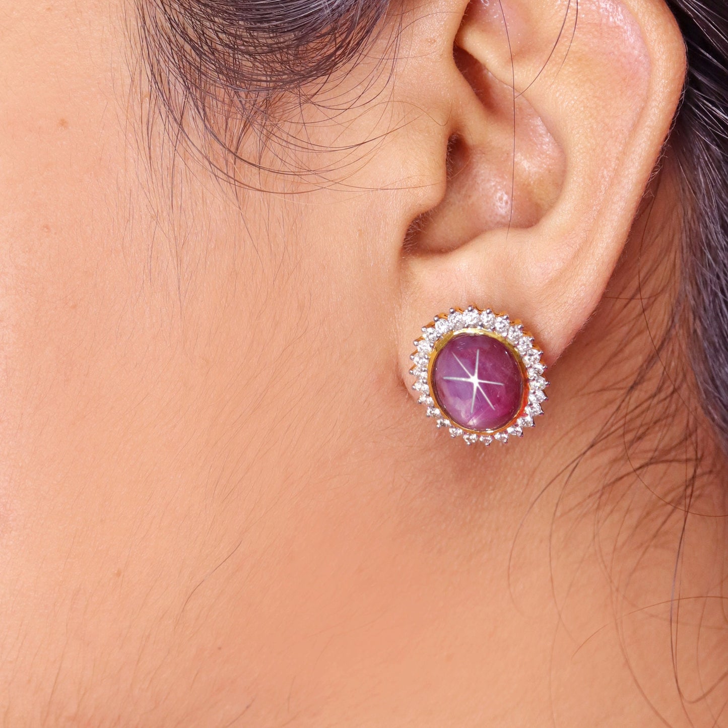 Big Size Star Ruby Studs Yellow Cluster Earring 18K Gold