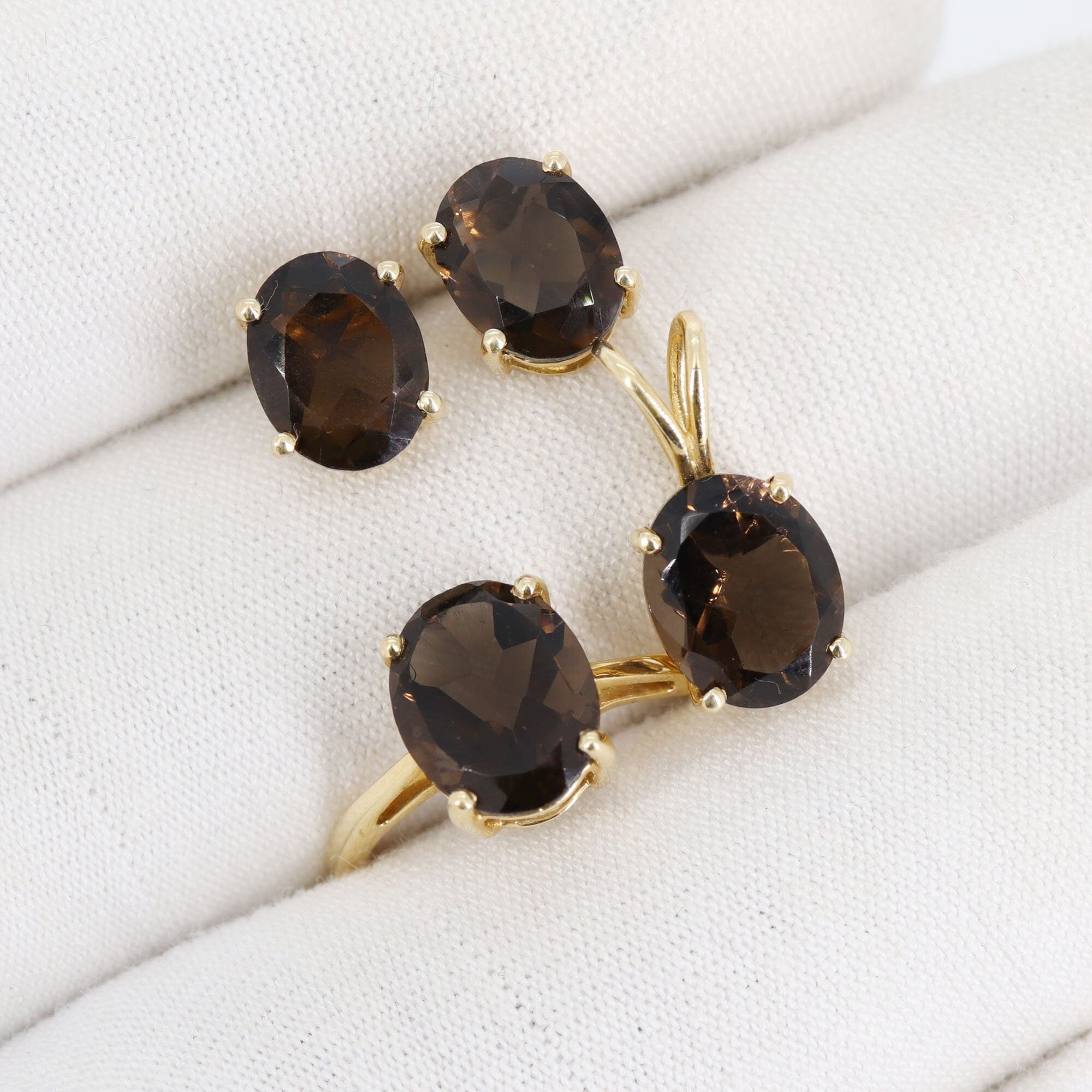 Faceted Smoky Quartz Studs Or Necklace 14K Gold