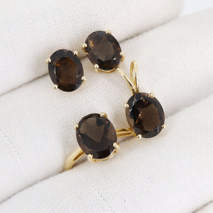 Faceted Smoky Quartz Studs Or Necklace 14K Gold