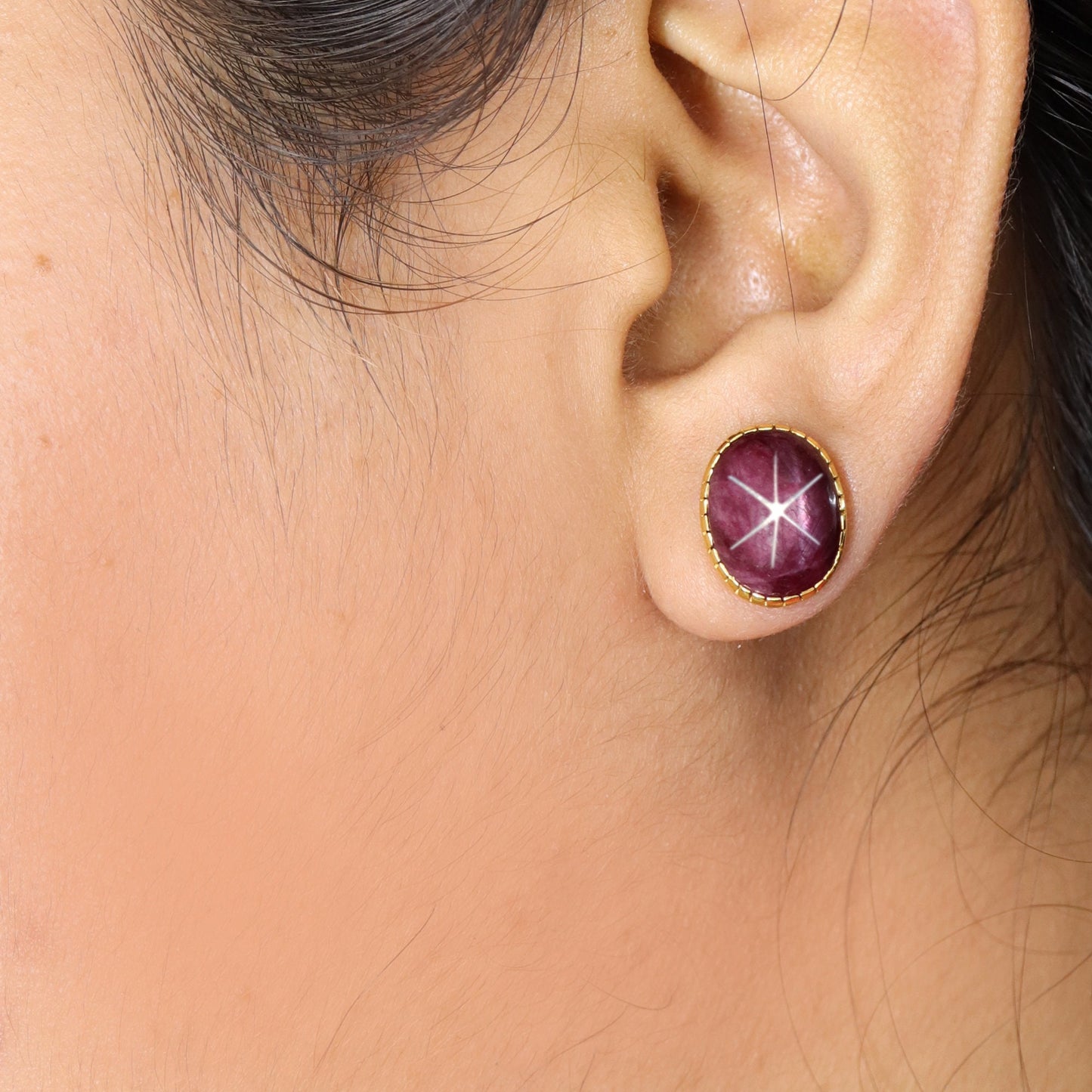 Oval Shape Star Ruby Studs Yellow Star Ruby Gemstone Earring 18K Gold
