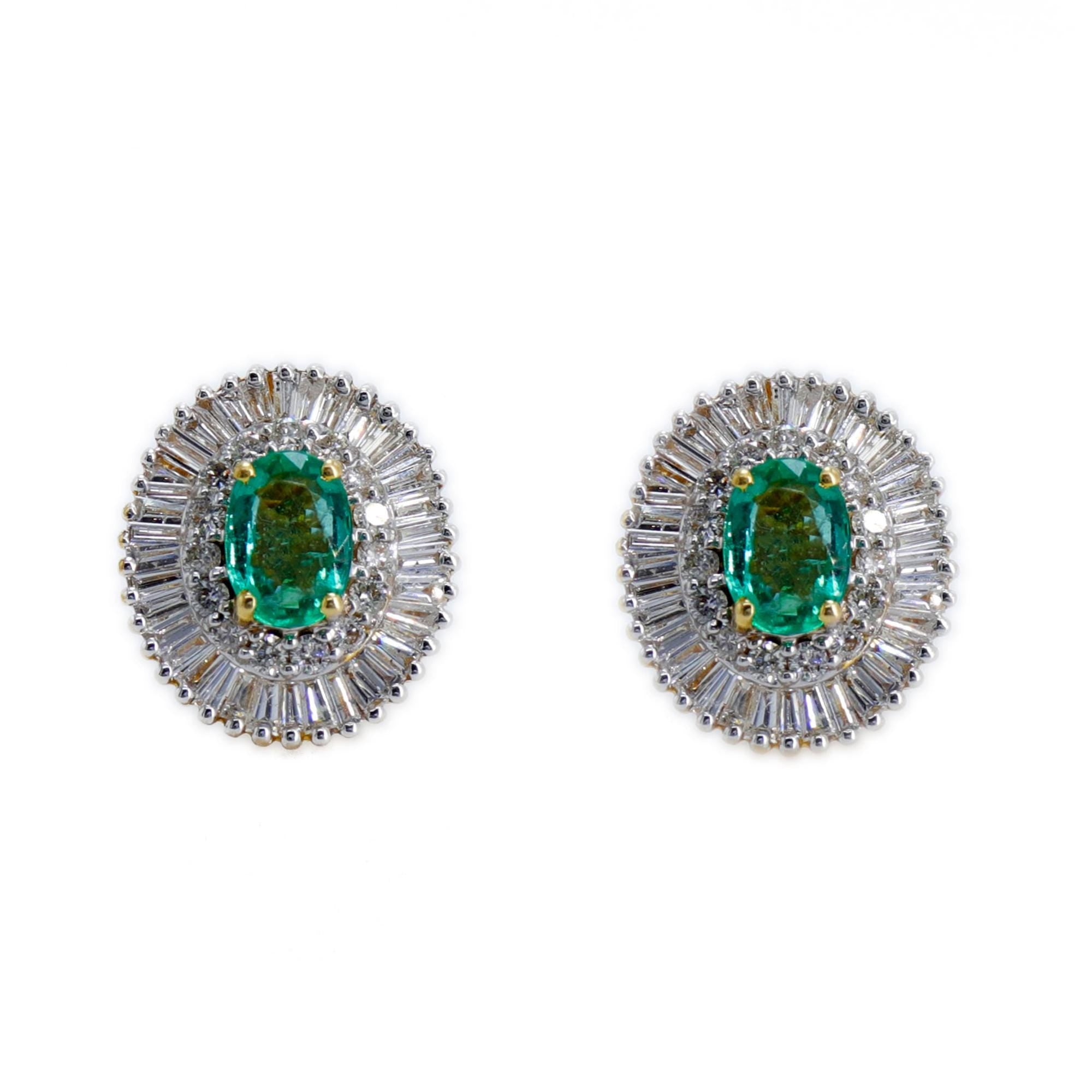 Yellow Studs Oval Cut Emerald & Tapered Baguette Cut Elegant Earring 18K Gold