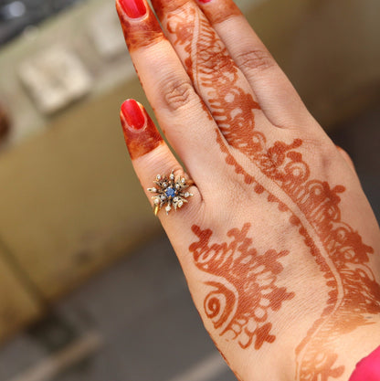 Antique Flower 9K Yellow Baroque Pearl Sapphire Ring Gold