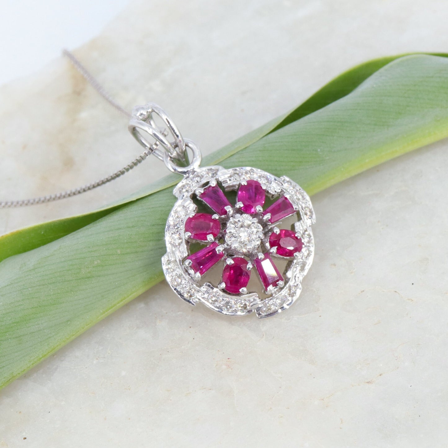 Handmade White Ruby Flower Pendant 18K Gold
