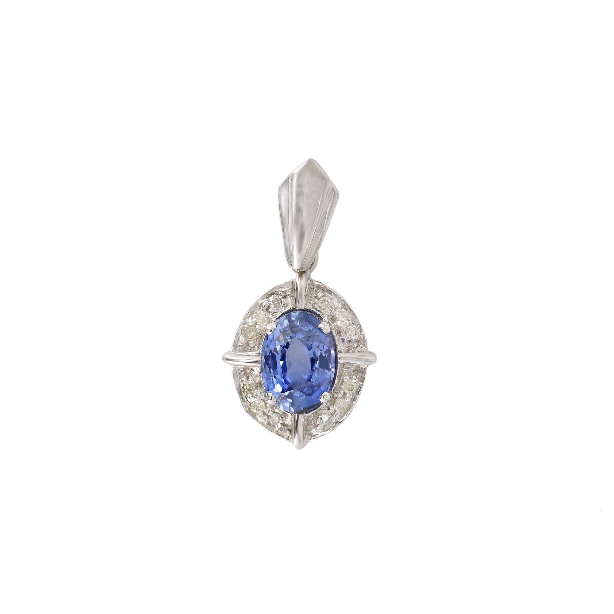 0.93 Oval Blue Sapphire Halo Pendant 14K Gold