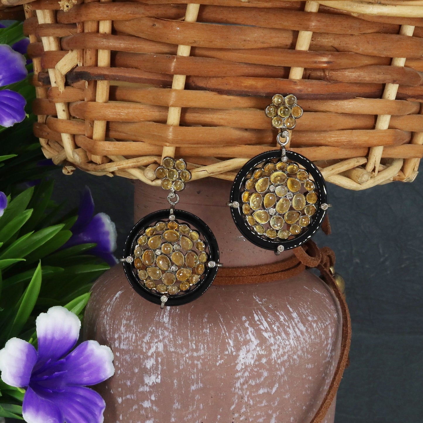 Elegant Vintage Black Onyx Citrine Victorian Style Pierced Earring
