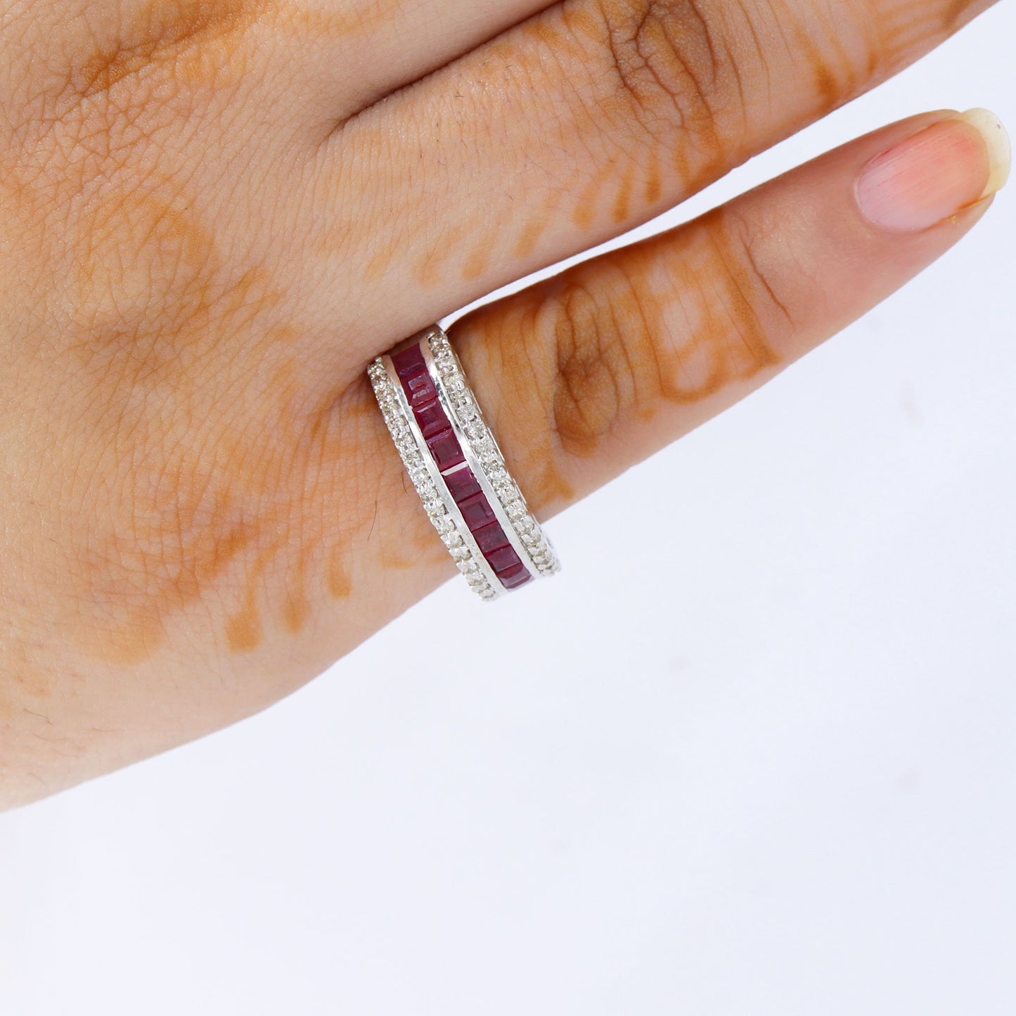 Triple Line Band Ruby Band 925 Sterling White Rhodium Plated Band Ring Silver