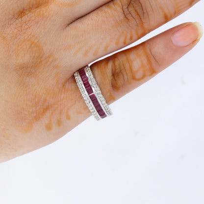 Triple Line Band Ruby Band 925 Sterling White Rhodium Plated Band Ring Silver