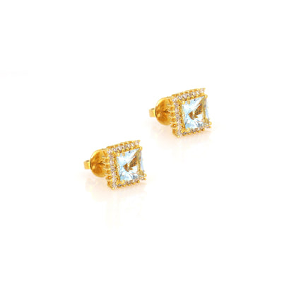Aquamarine Studs Yellow March Princess Cut Gemstone Earring 14K Gold