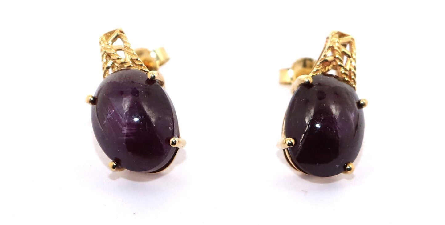 Star Ruby Studs Yellow Certified Genuine Ruby Cabochon Solitaire Earring 14K Gold