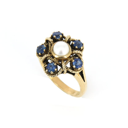 9Ct Blue Sapphire Pearl Ring Gold