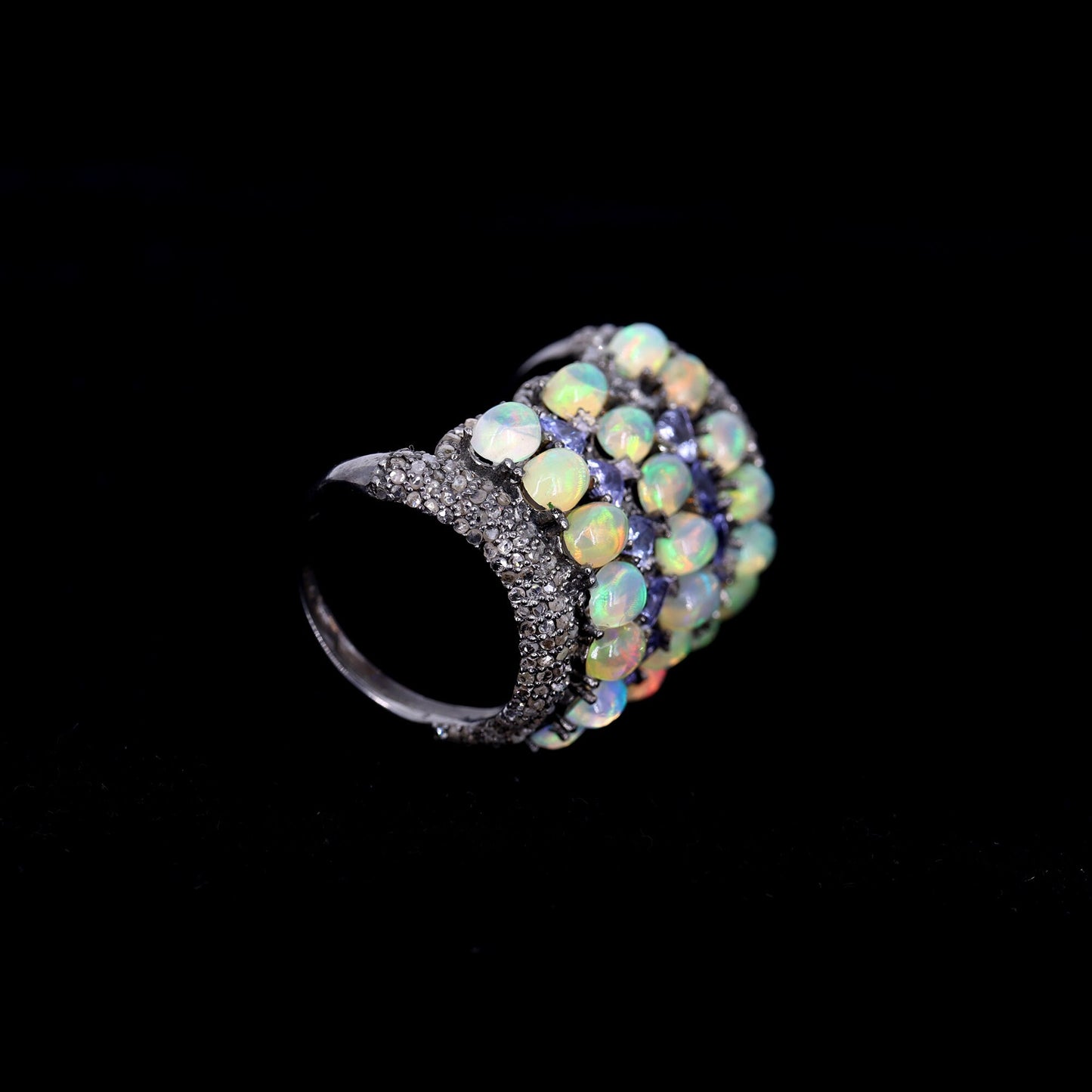 Pave Opal Tanzanite Gemstone Ring Silver