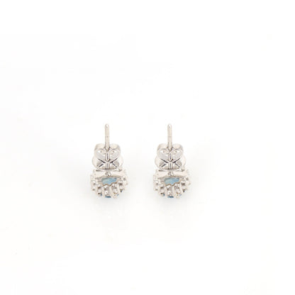 White Studs Studded Genuine Aquamarine & Round Stud Earring 14K Gold