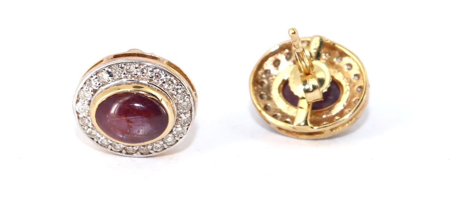 Star Ruby Studs Yellow Studded Real Certified Genuine Ruby Cabochon Solitaire Earring 14K Gold