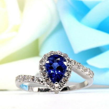 Handmade White Blue Sapphire Pear Ring 18K Gold