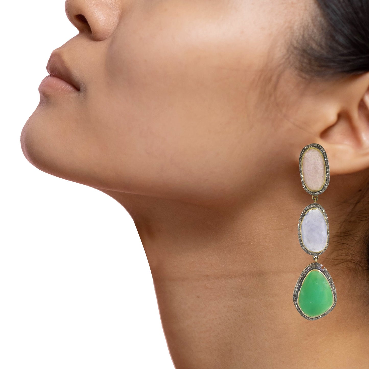 Pink Moonstone Blue Agate Chrysoprase Dangles Earring