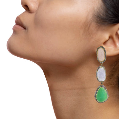 Pink Moonstone Blue Agate Chrysoprase Dangles Earring