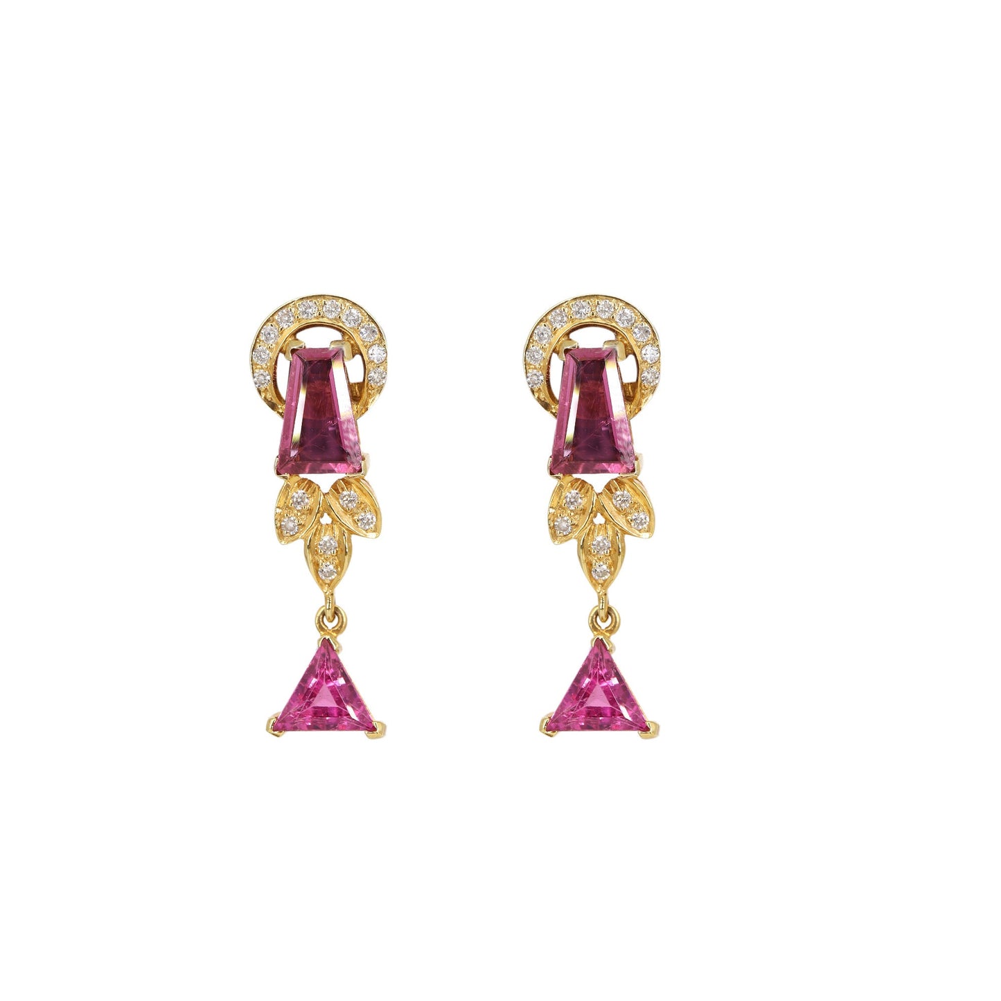 Triangle Tapered Baguette Cut Rubellite Tourmaline Earring 18K Gold