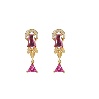 Triangle Tapered Baguette Cut Rubellite Tourmaline Earring 18K Gold