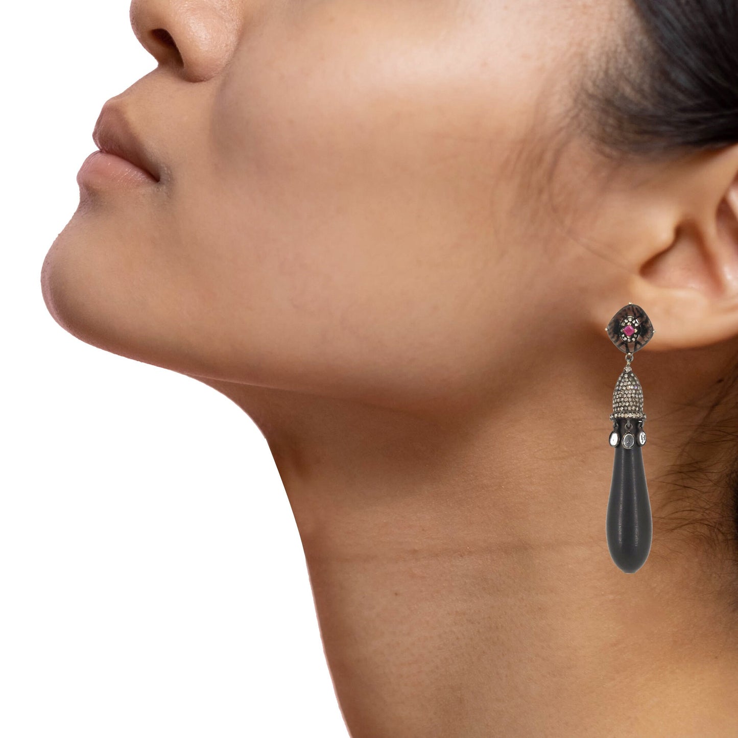 Black Onyx Ruby White Topaz Drop Shape Earring