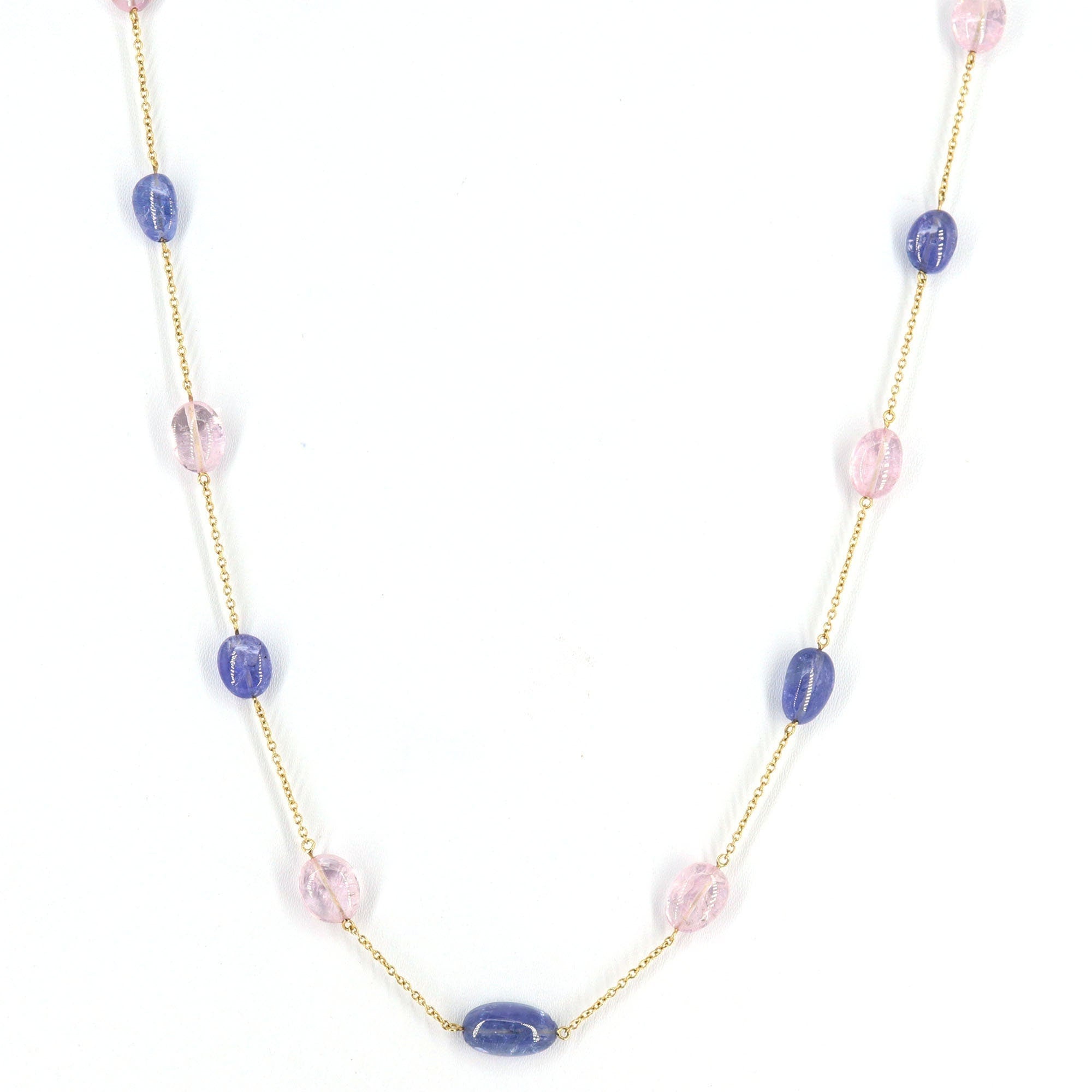 Yellow Chain Necklase Bezel Morganite Tanzanite Gem Stones. Multi Colour Chain Chain 18 Inches Handcrafted. 18K Gold