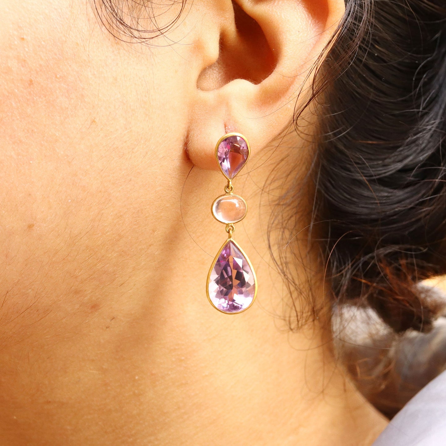 Stunning Purple Amethyst Rose Quartz Earring 18K Gold
