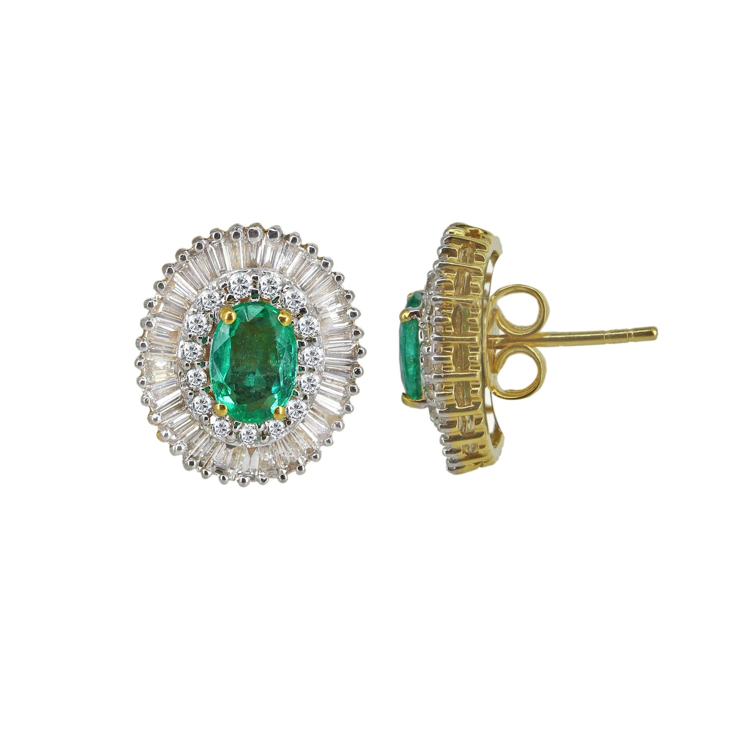 Yellow Studs Oval Cut Emerald & Tapered Baguette Cut Elegant Earring 18K Gold
