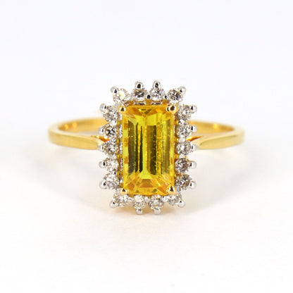 Art Deco Style Emerald Cut Yellow Sapphire Ring 14K Gold